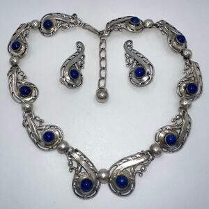Napier vintage silver plated lapis lazuli glass necklace clip on earrings set